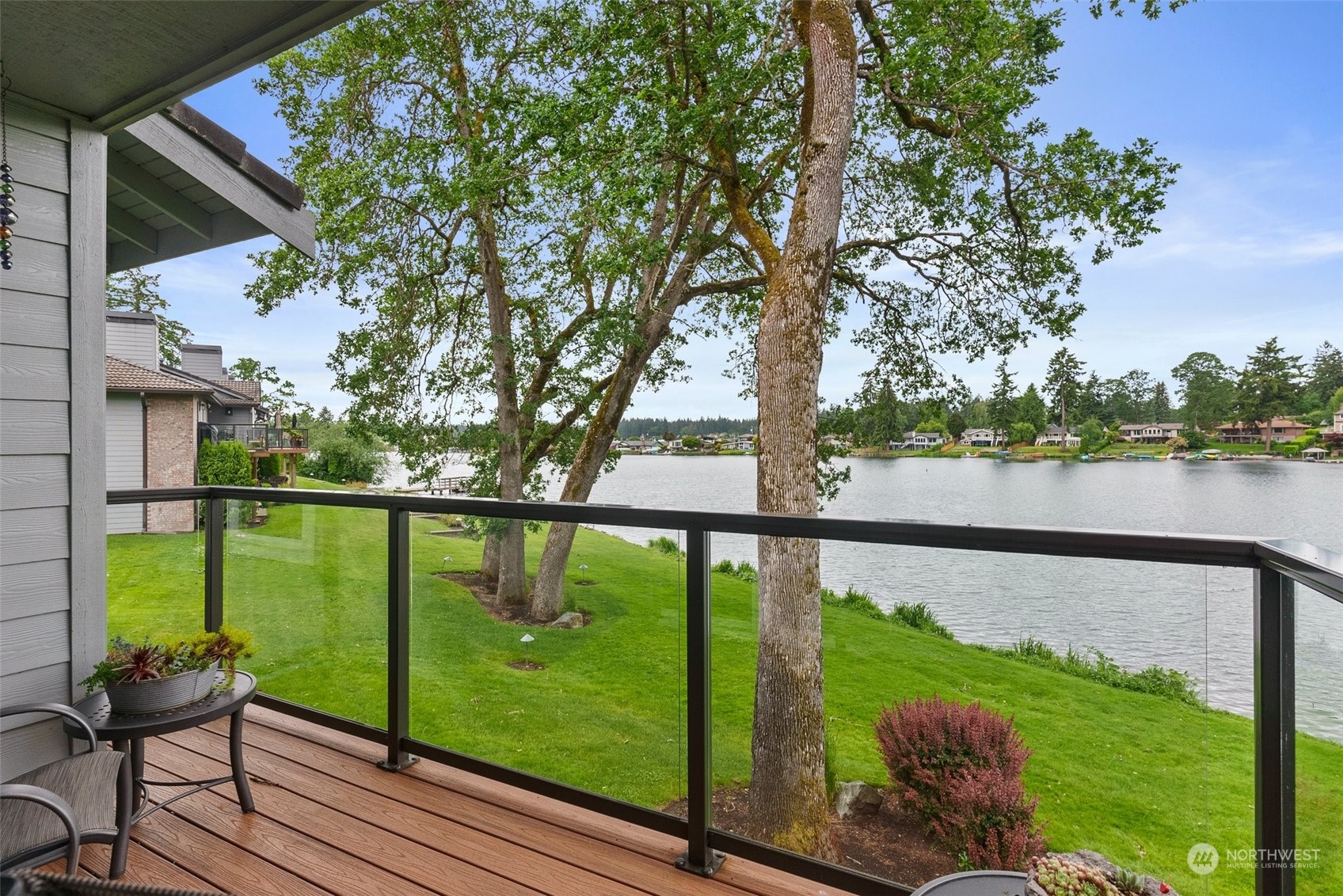 a view of a balcony with lake