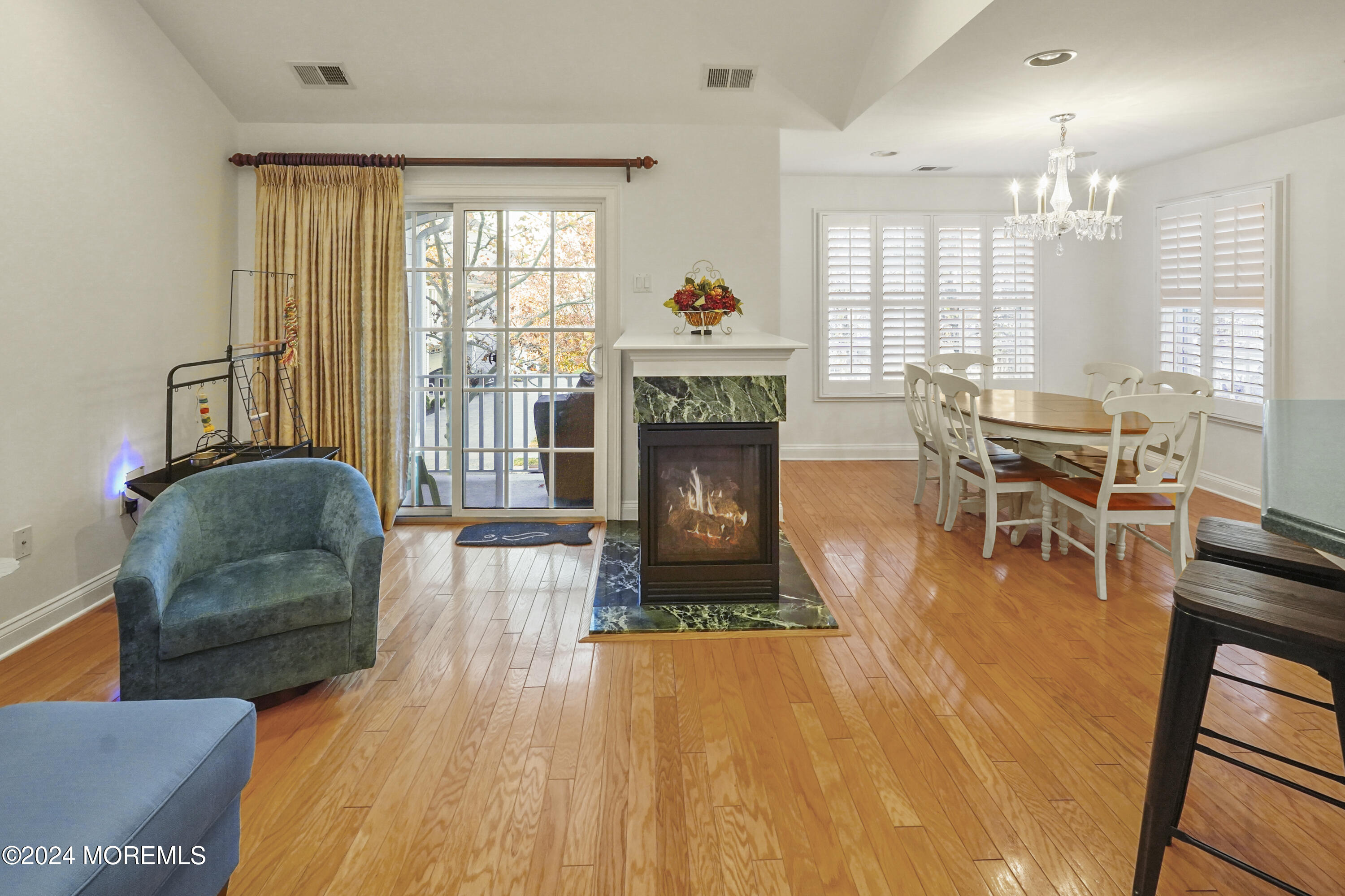 dining area and fireplace