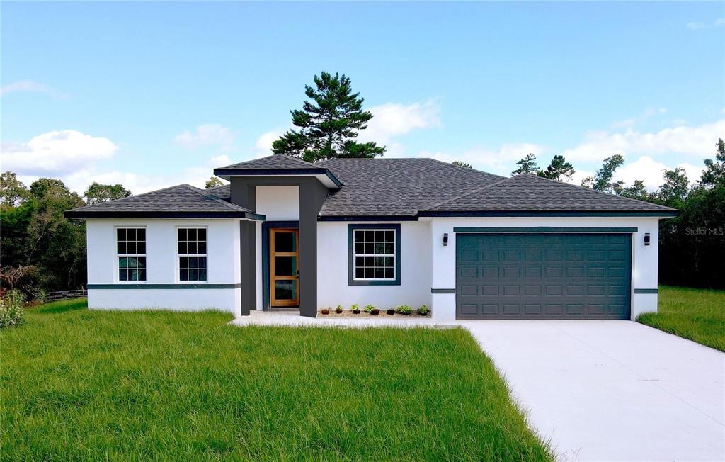 a front view of house with yard and green space