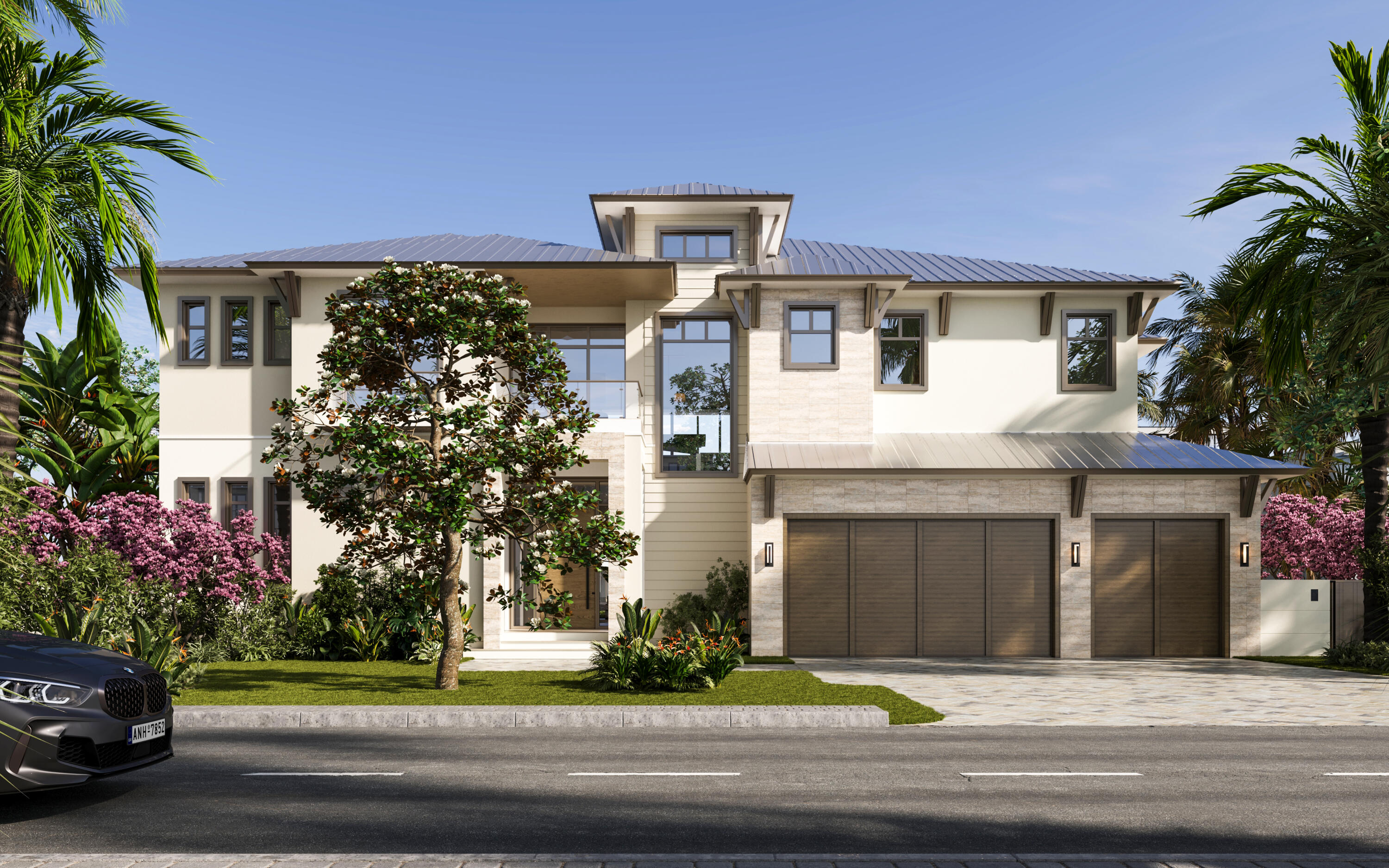 a front view of a house with a garden