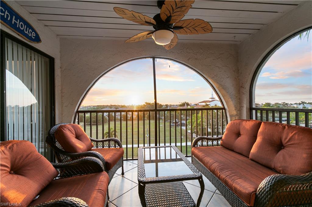 a balcony with furniture