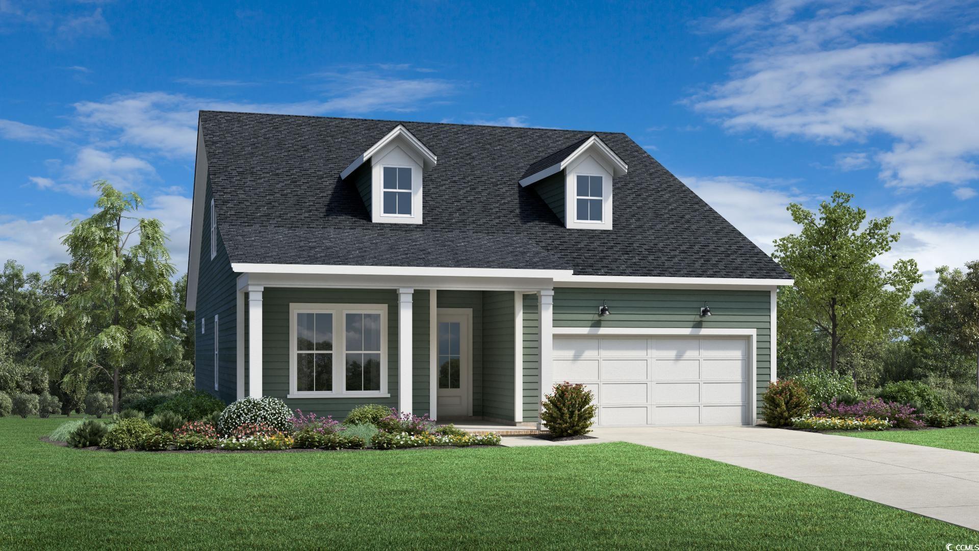 Cape cod-style house with a front yard and a garag