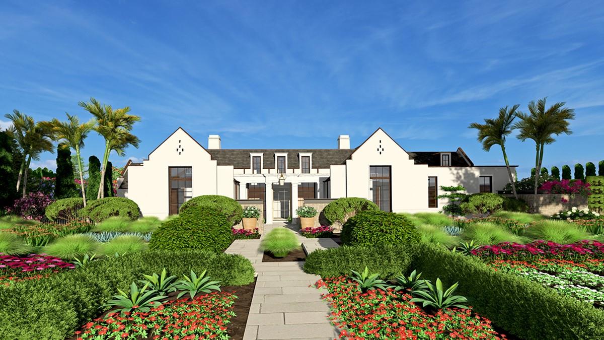 a view of a white house with wooden walls and flower plants