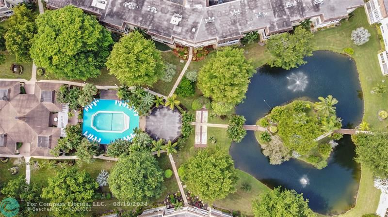 an aerial view of a house with a yard and a large trees