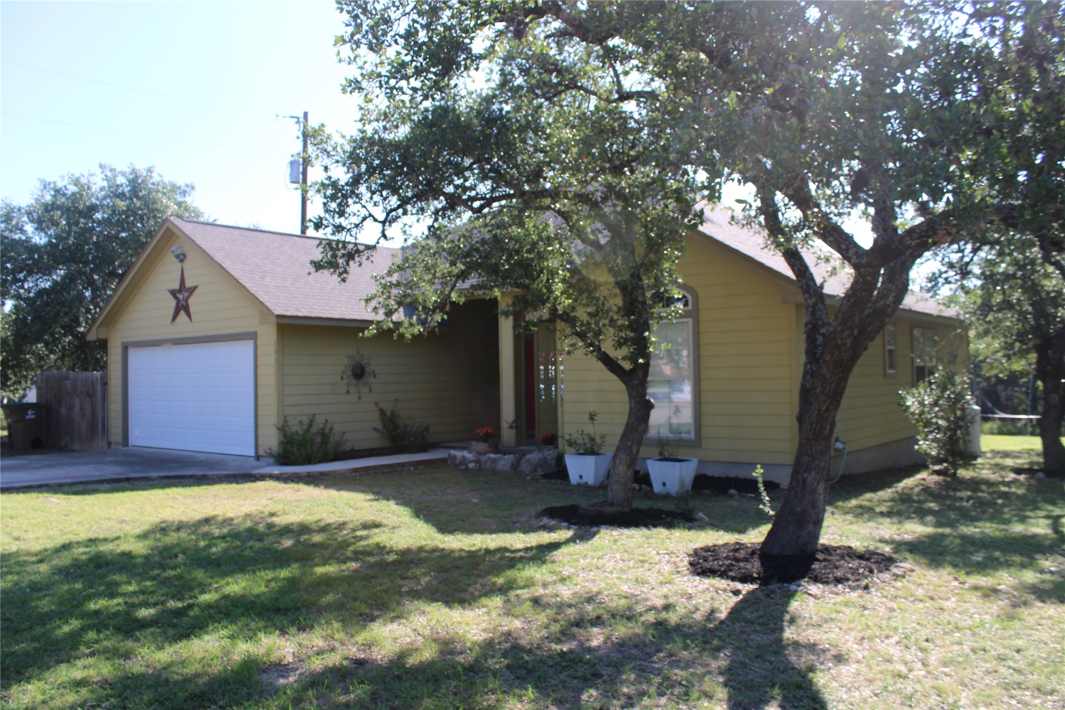 a view of a small yard in front of a house with large tree