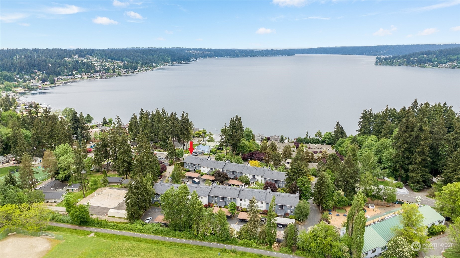 a view of a lake with a city