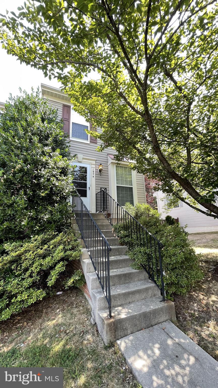 a view of a house with a small yard plants and large tree