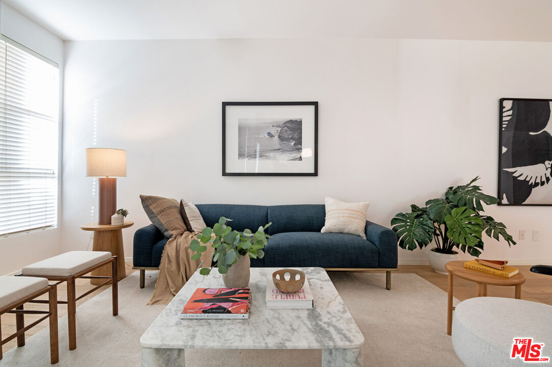 a living room with furniture and a potted plant