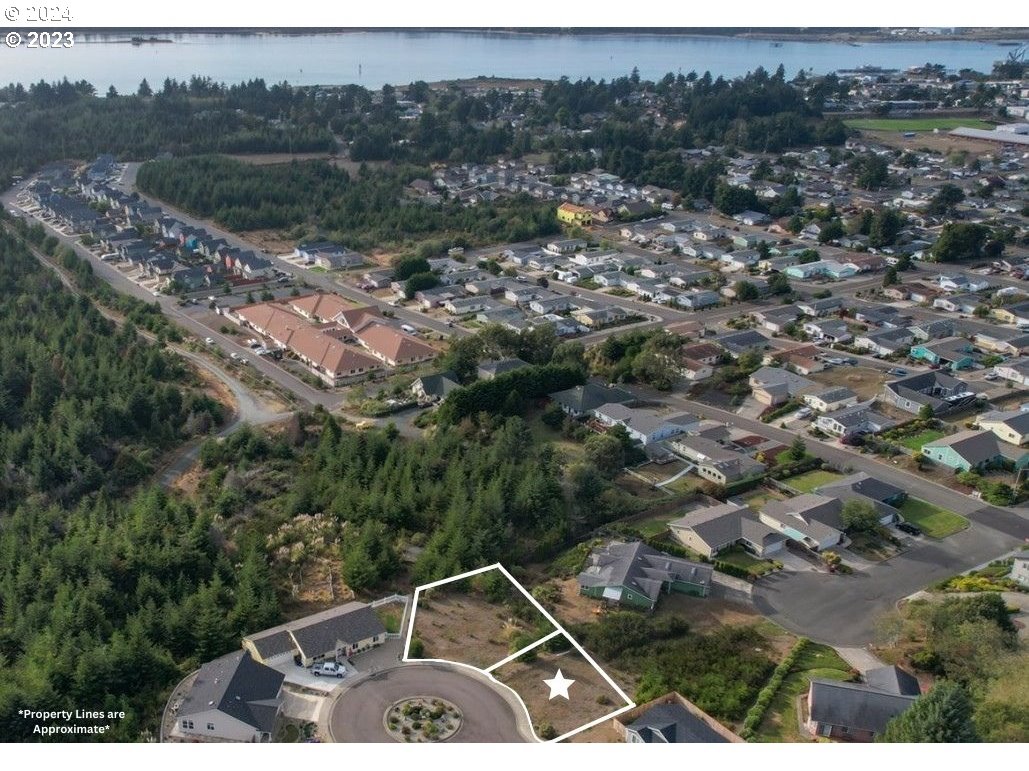 an aerial view of residential houses with outdoor space and trees