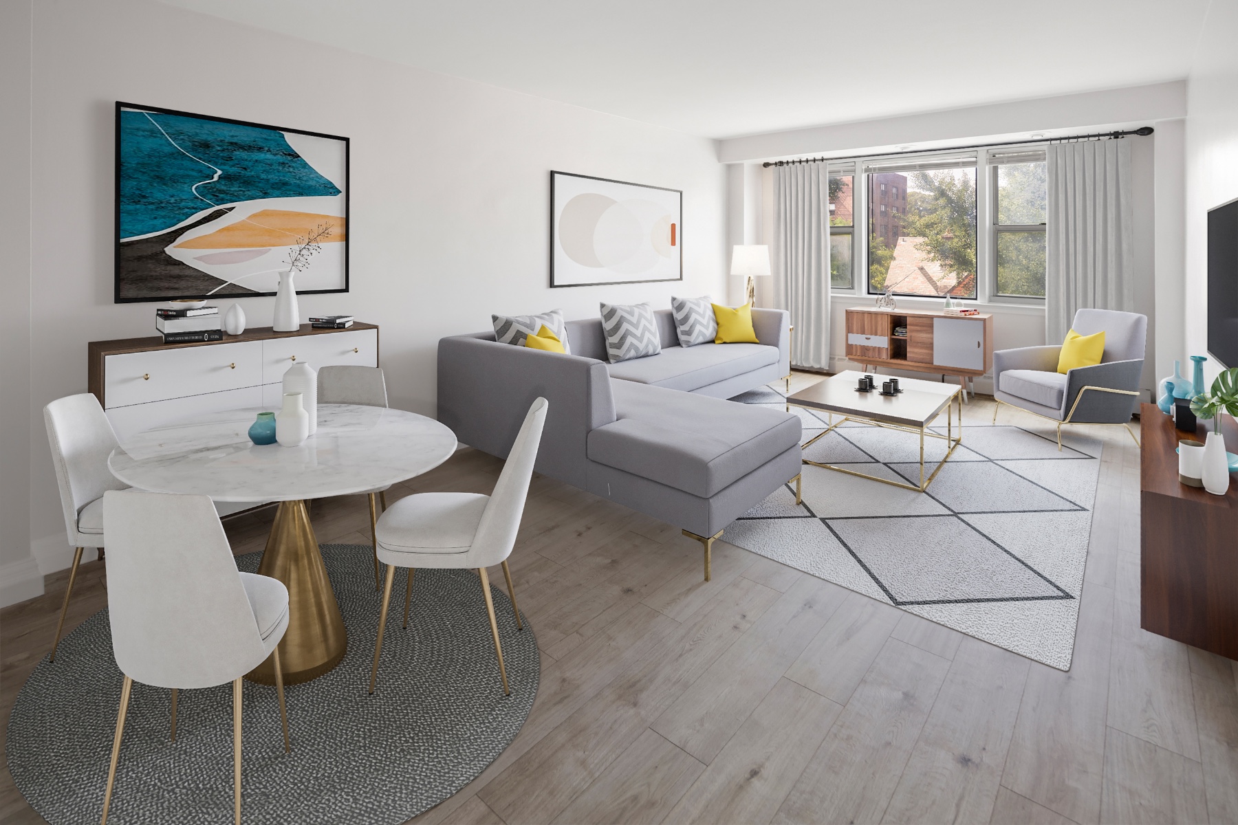 a living room with furniture a wooden floor and next to a window