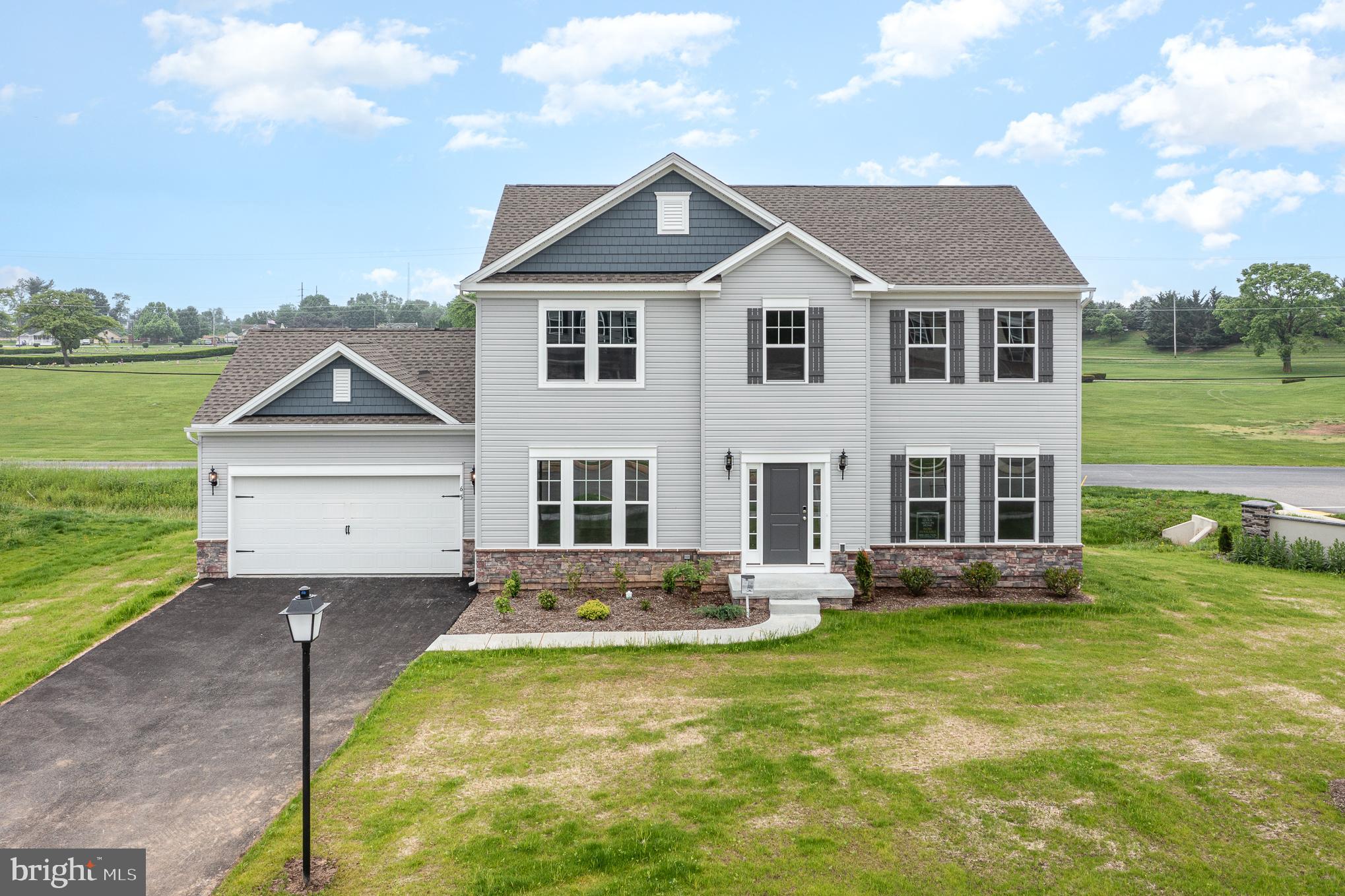 a front view of house with yard and green space