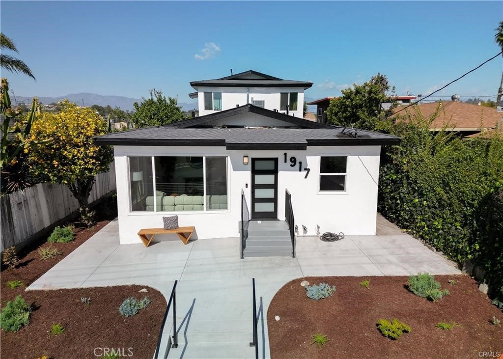 front view of a house with a patio