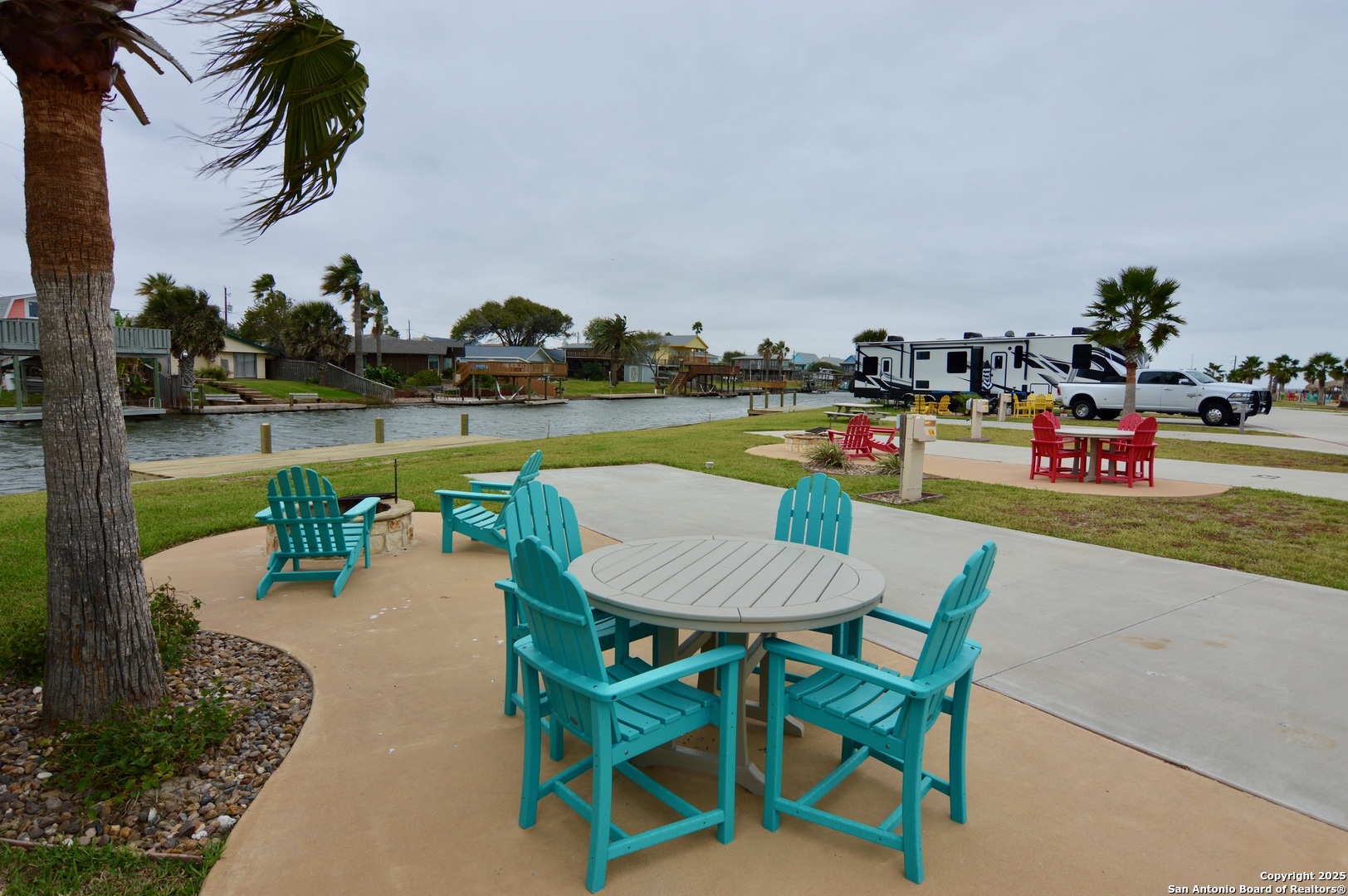 an outdoor space with furniture