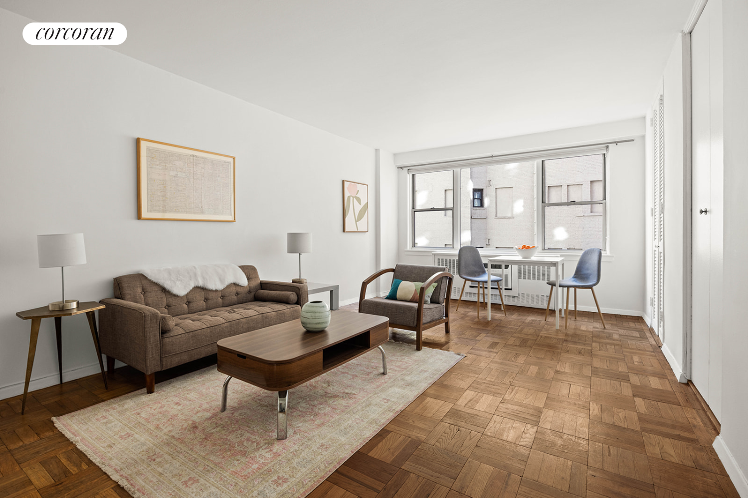 a living room with furniture and a table