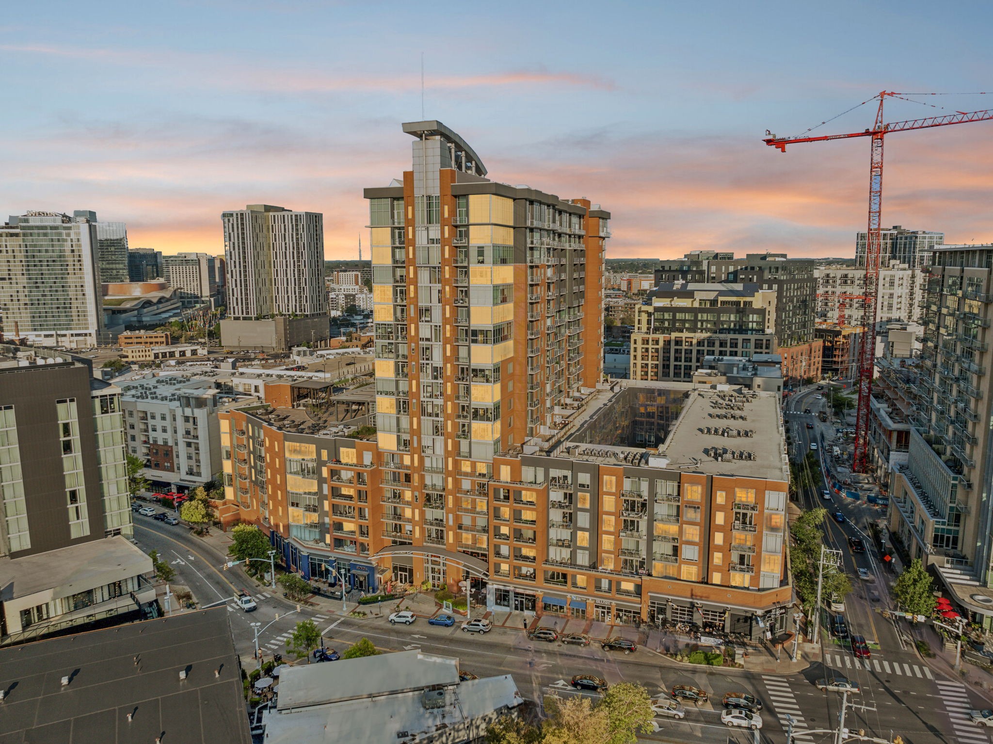 a view of a city with tall buildings