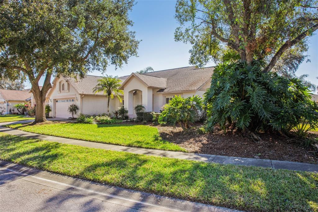 a front view of a house with a yard and trees