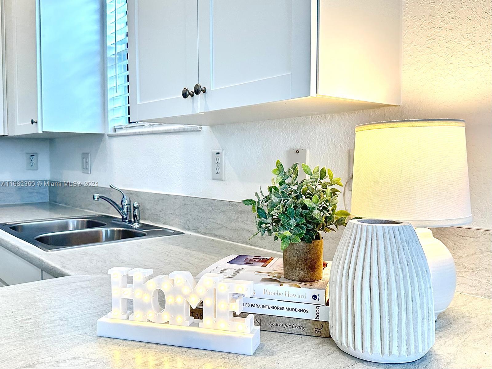 a kitchen with a sink and a potted plant