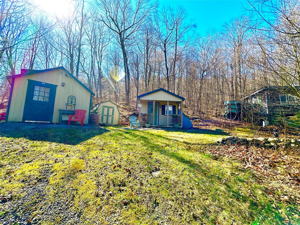 View of yard featuring a porch and a storage unit