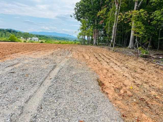 a view of dirt field with trees in the background