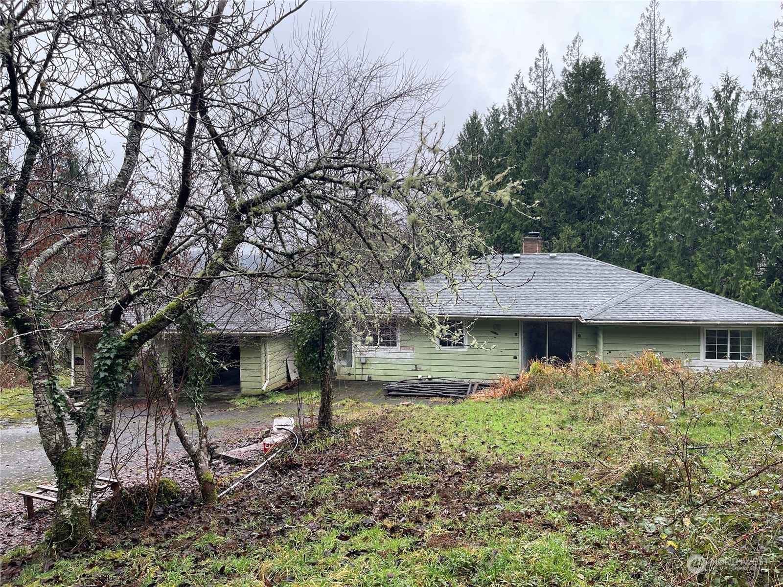 a view of a house with a yard and tree s