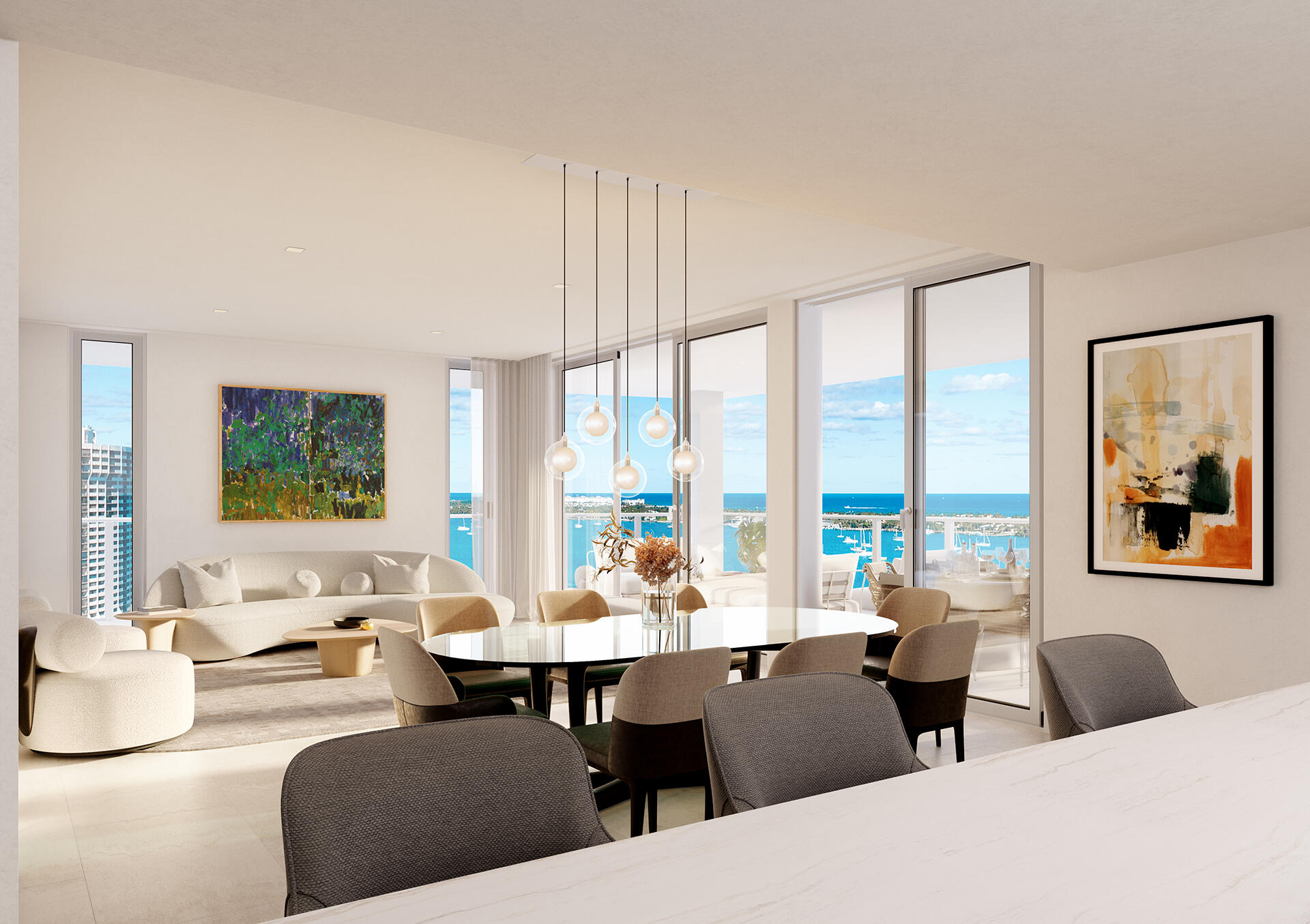 a living room with furniture two large windows and a dining table