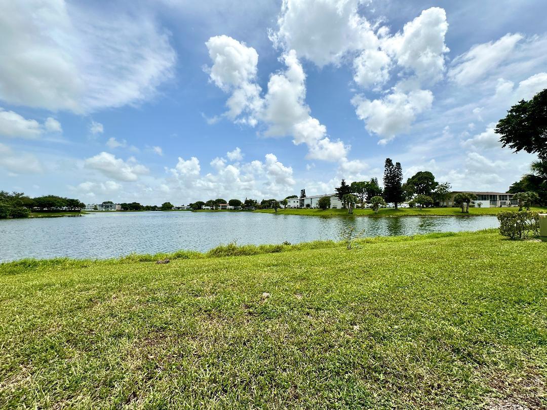 a view of a lake with houses in the back