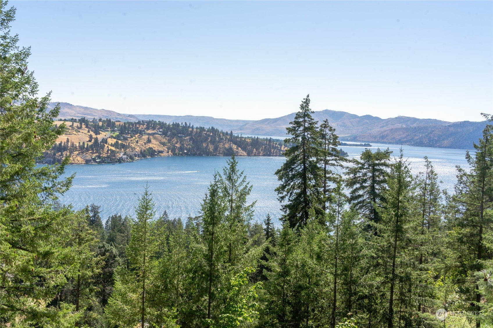 a view of a lake with a mountain in the background