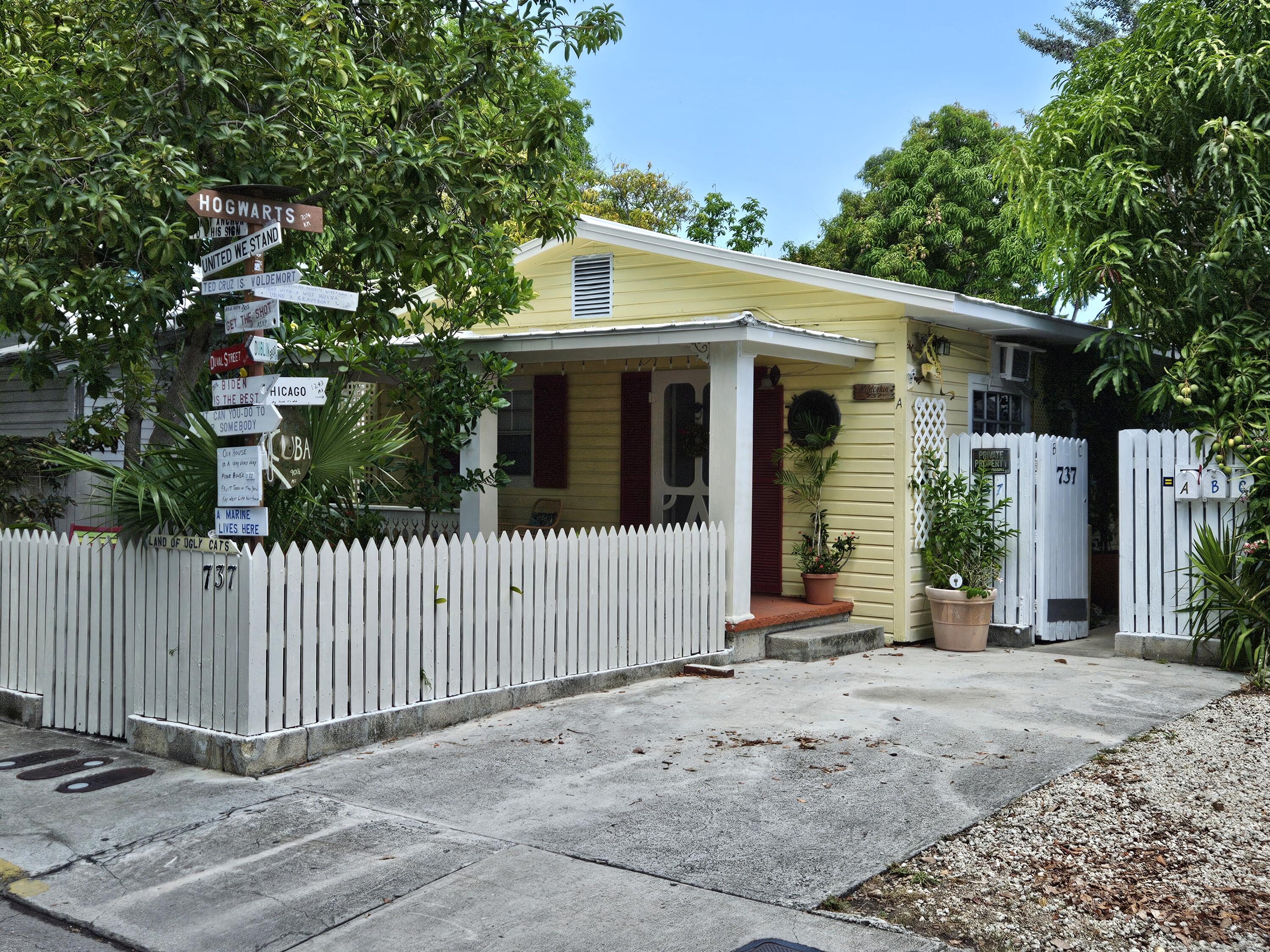 a view of a house with a small yard plants and large tree