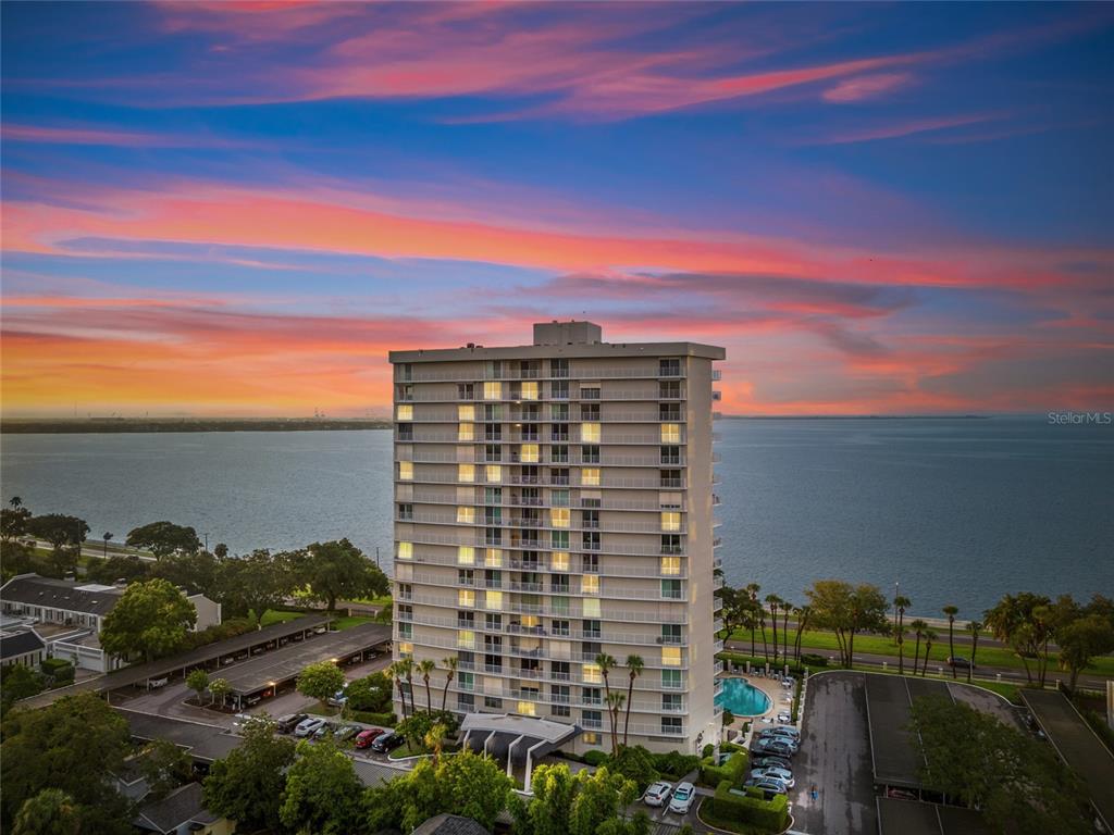 a view of a building and lake view