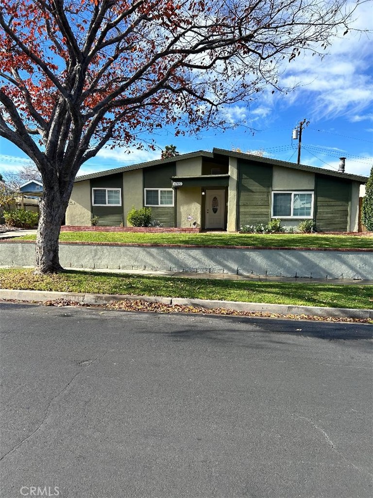 a view of a house with a yard and large tree