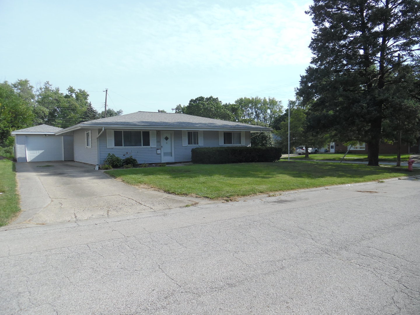 a view of a house with a yard and a large tree