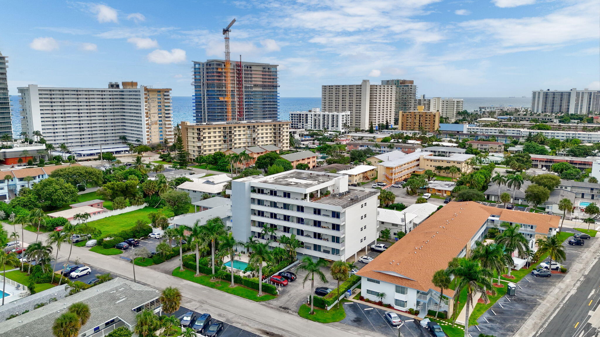 a city view with tall buildings