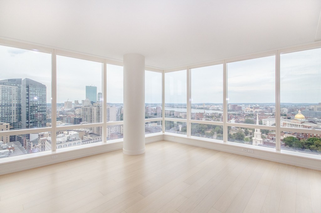 a view of a city from a living room