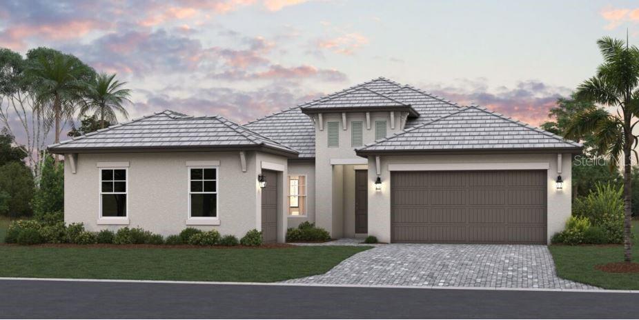 a front view of a house with a garden and garage