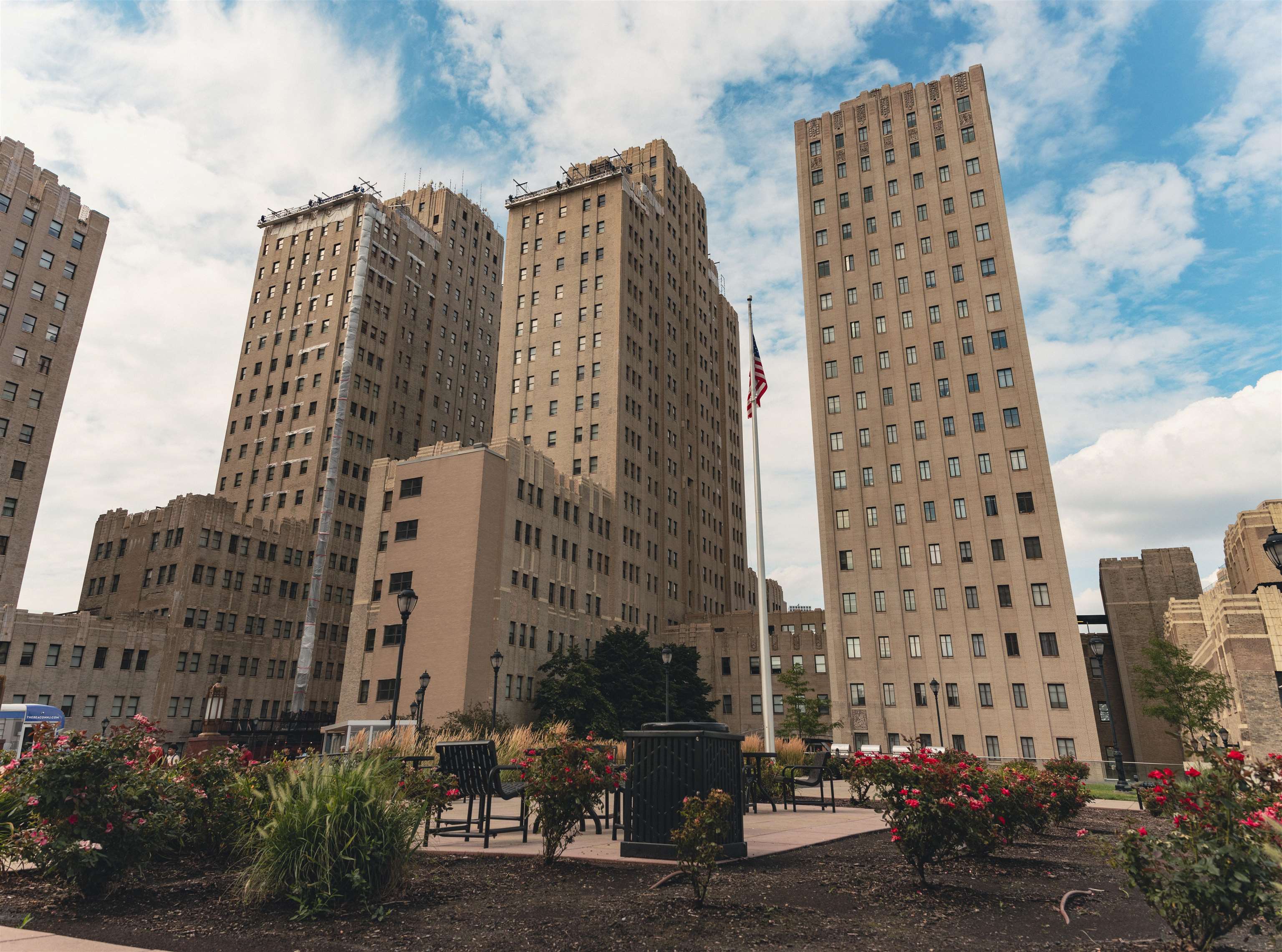 a view of a city with tall buildings