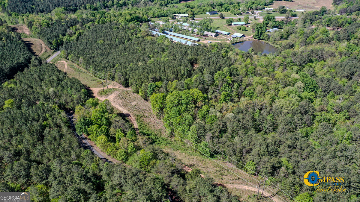 an aerial view of huge green field with lots of bushes