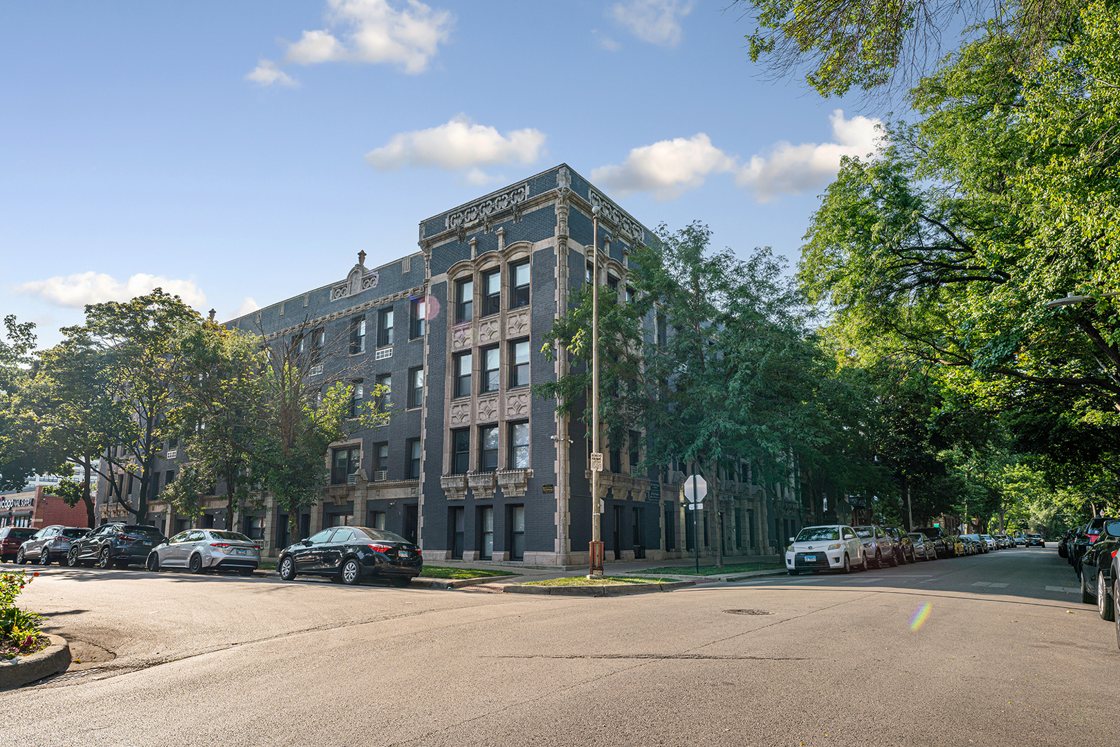 a view of a building and a street