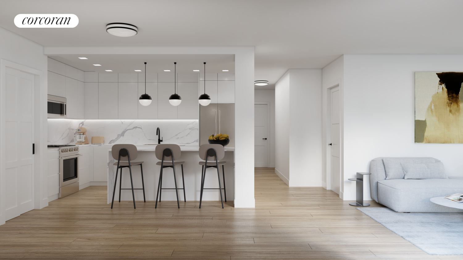 a view of a dining area with furniture and wooden floor