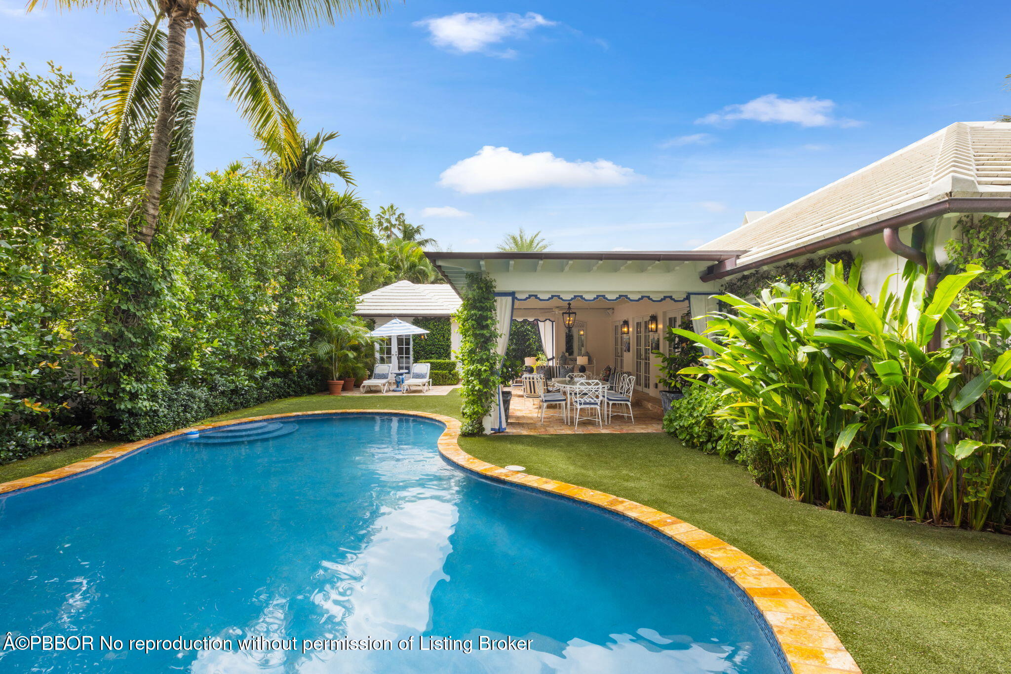 a view of a swimming pool with a yard