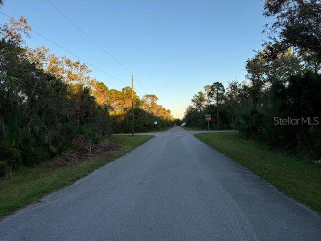 a view of a road with a yard