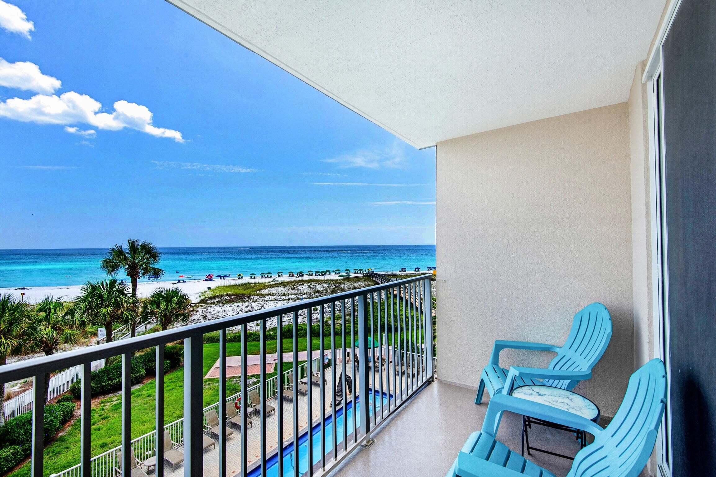 a view of a balcony with an outdoor space