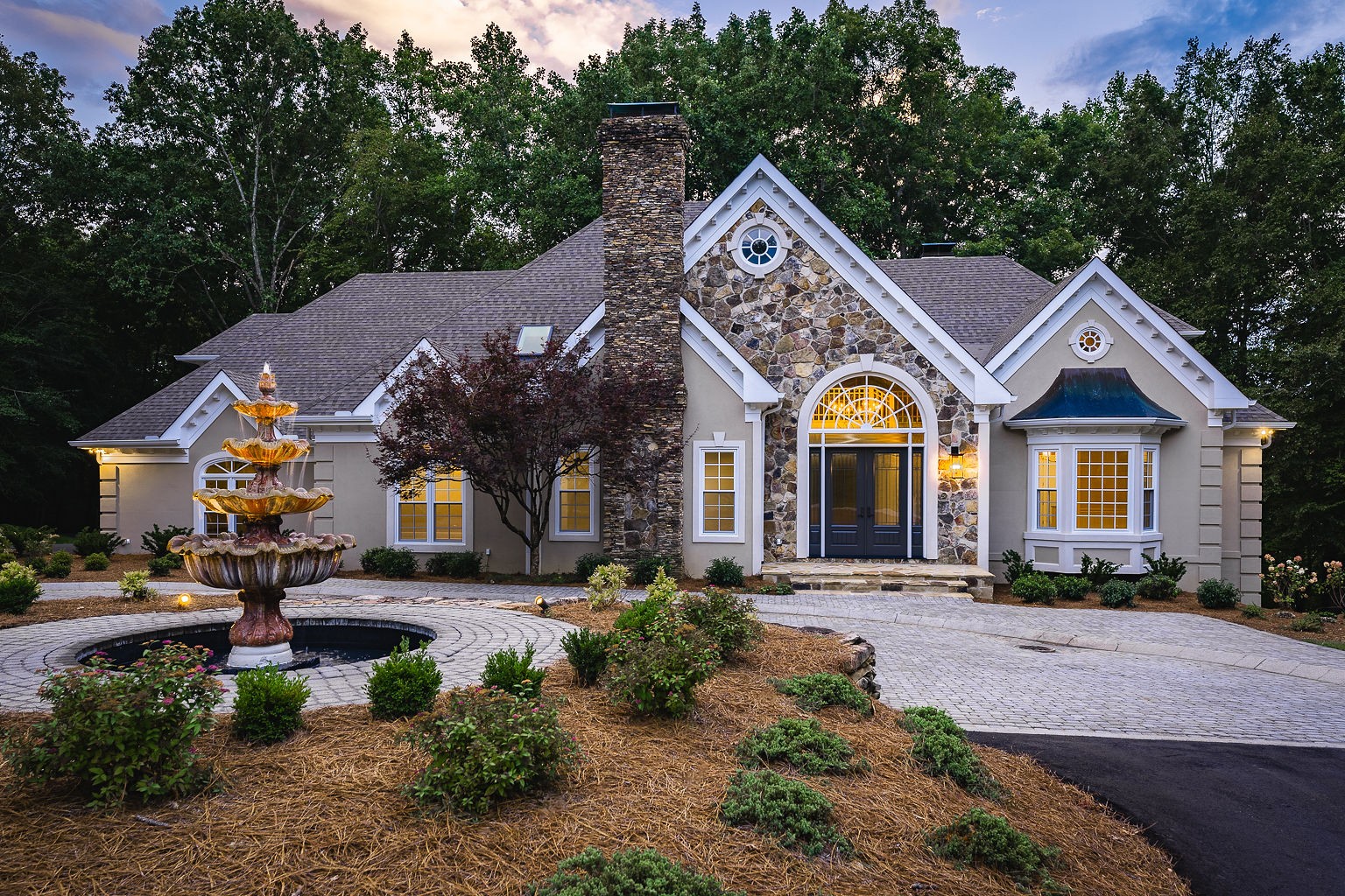 a aerial view of a house with a yard and potted plants