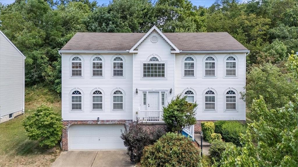 a aerial view of a house with a yard plants and large tree