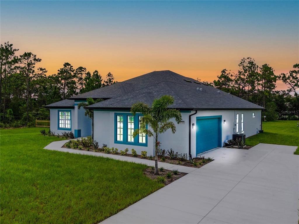 a front view of house with yard and green space