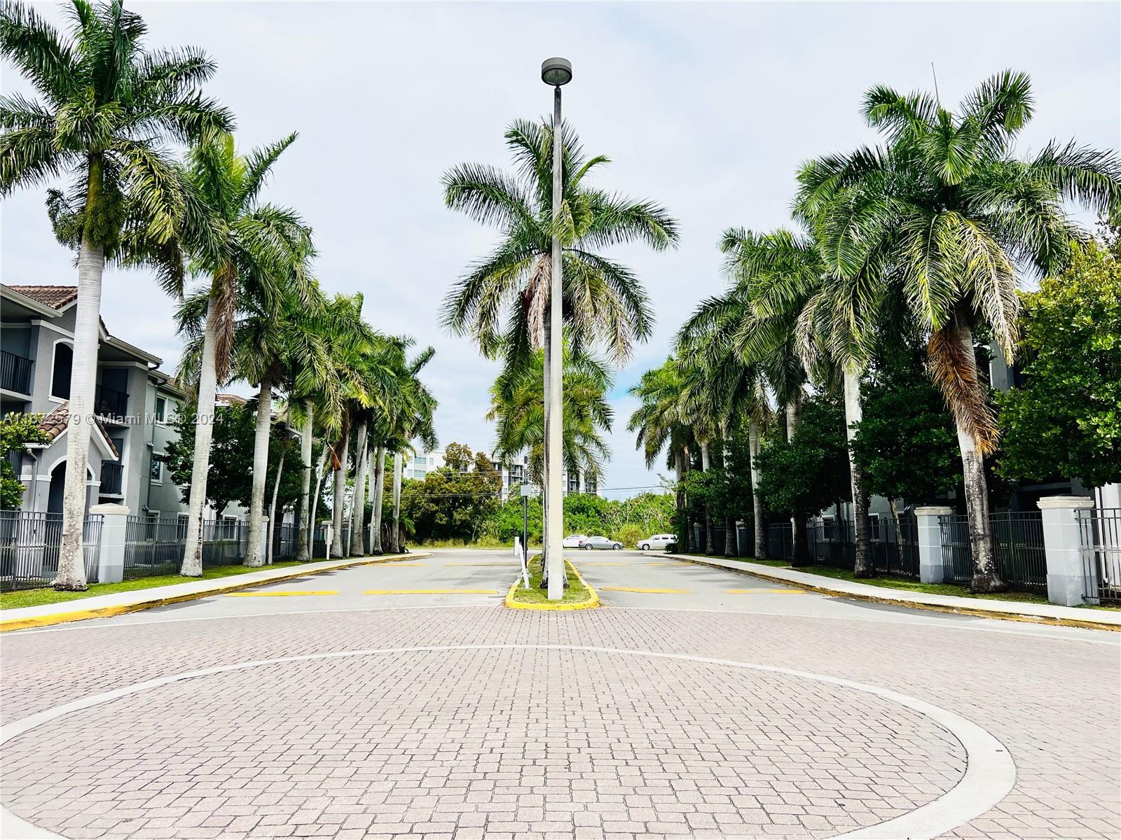 a view of swimming pool with palm trees