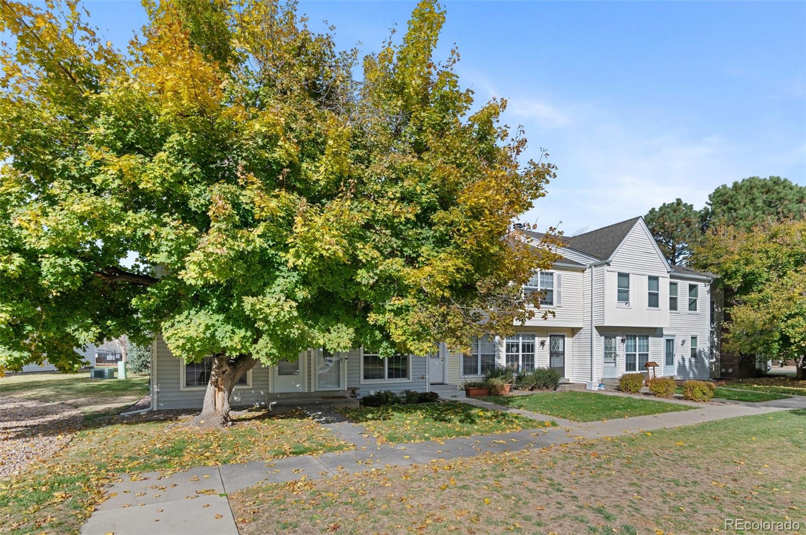 a front view of a house with a yard and trees