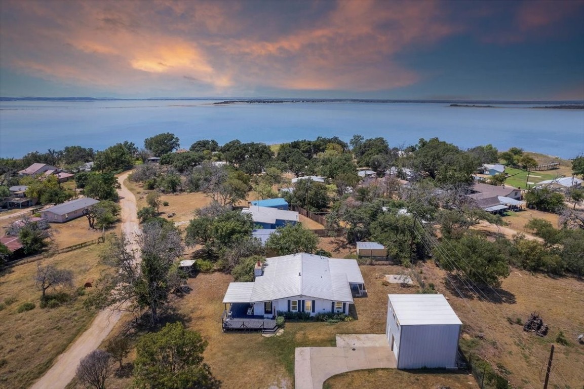 Twilight aerial view of the property