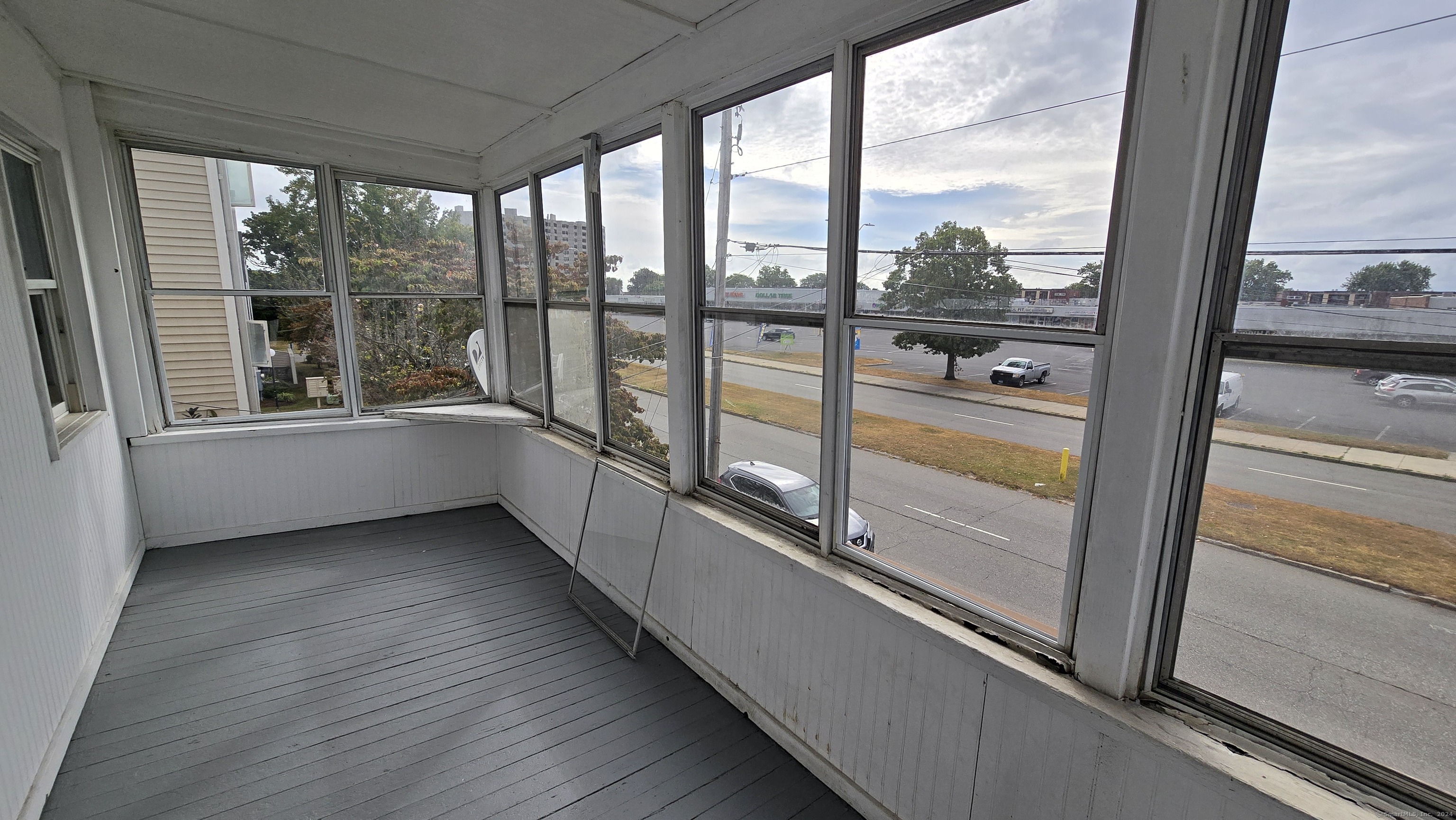 a view of a building from a balcony