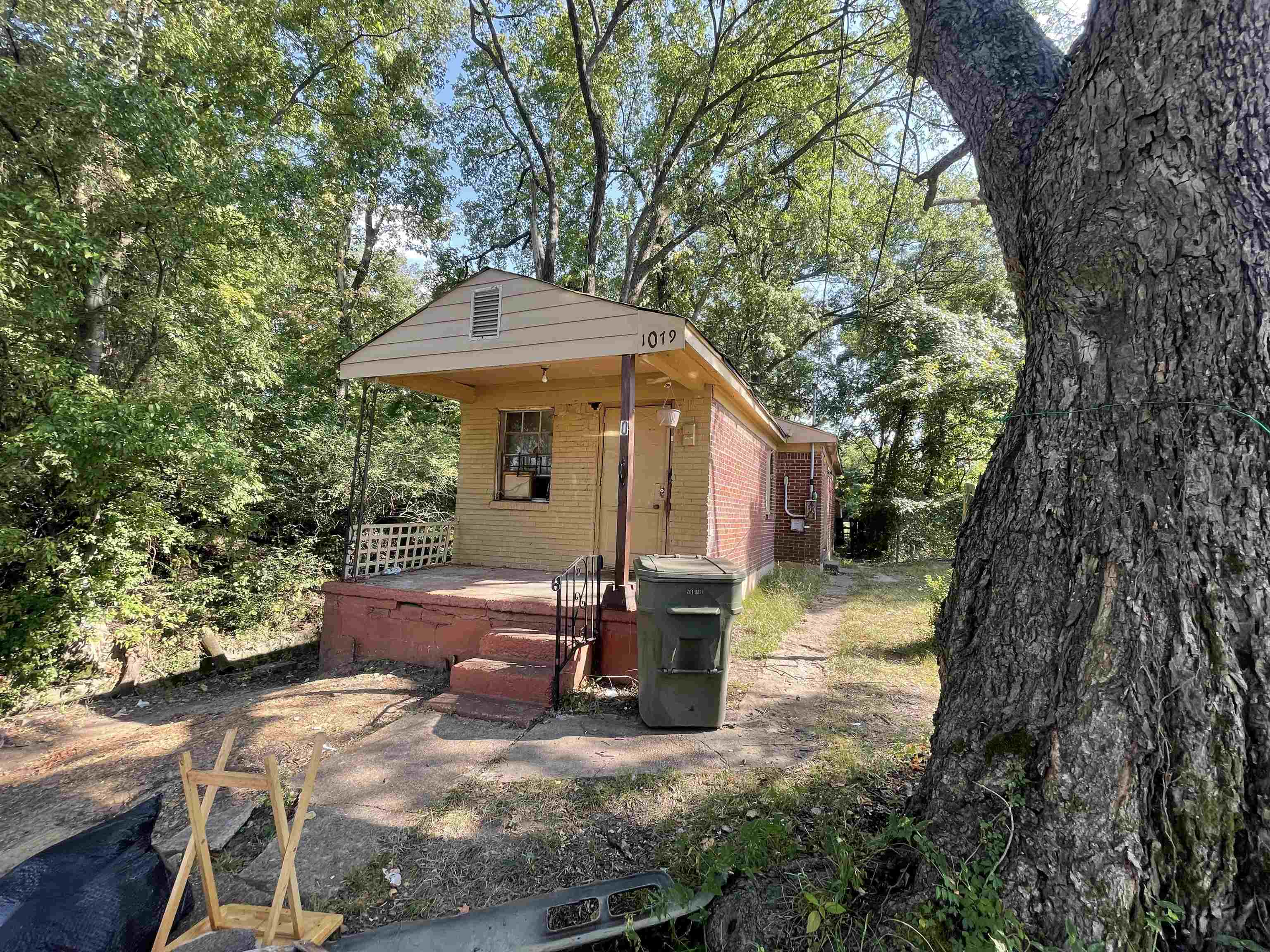 a view of a house with backyard couches and a large tree