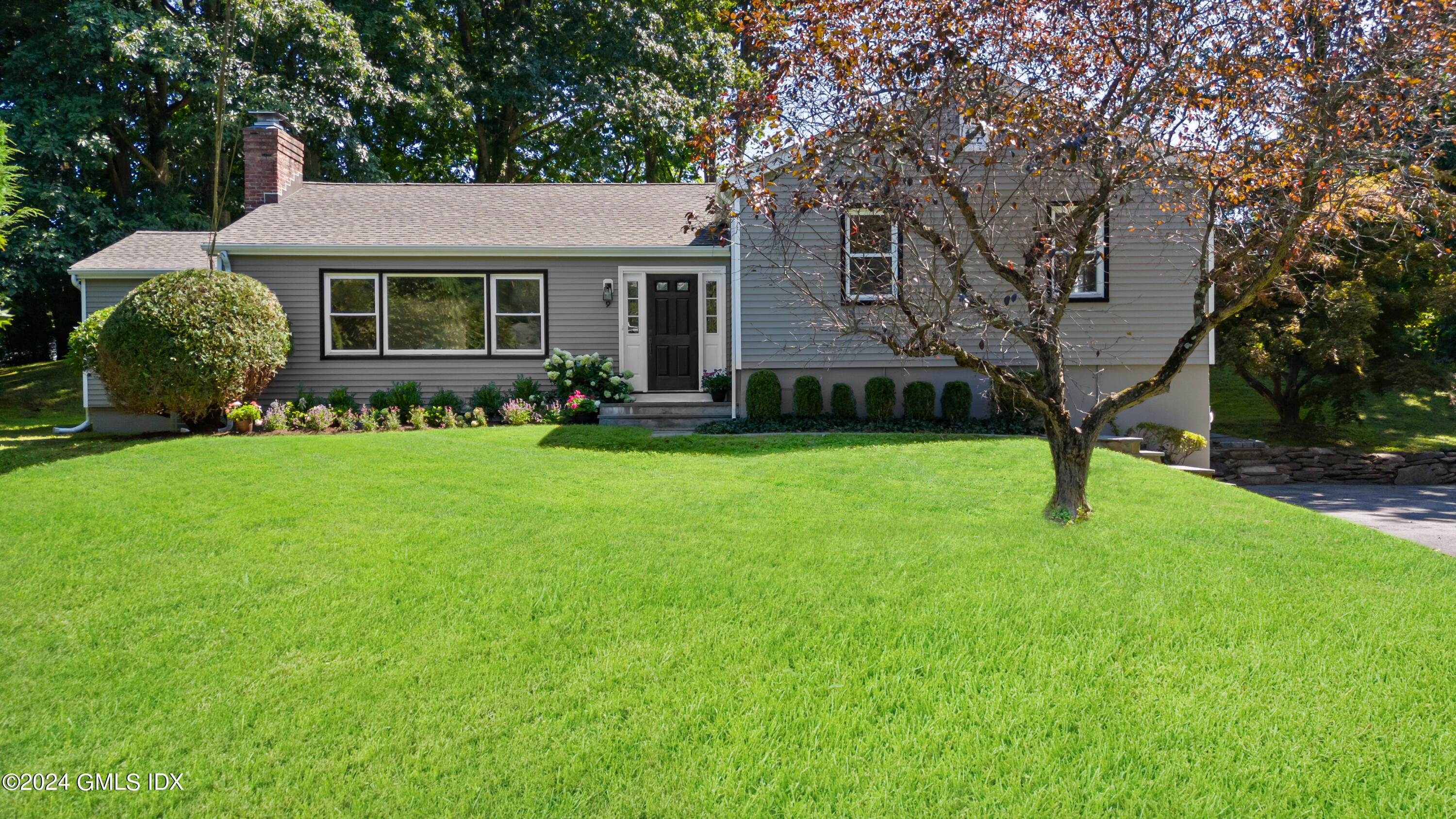 a front view of a house with a yard and tree